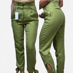 reformation nwt high rise 100% linen green paper bag business dress pants 2
